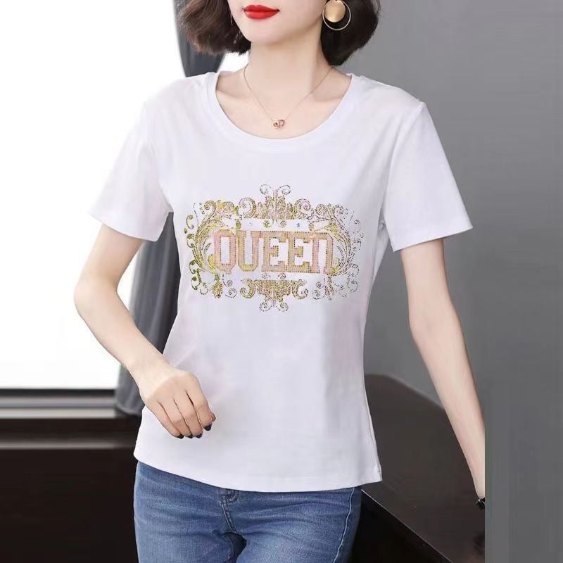 High-End Women'S Fashion Rhinestone Versatile Trendy Korean Style Slimming Elegant Comfortable Breathable Casual Loose Slimming T-Shirt - Image 2