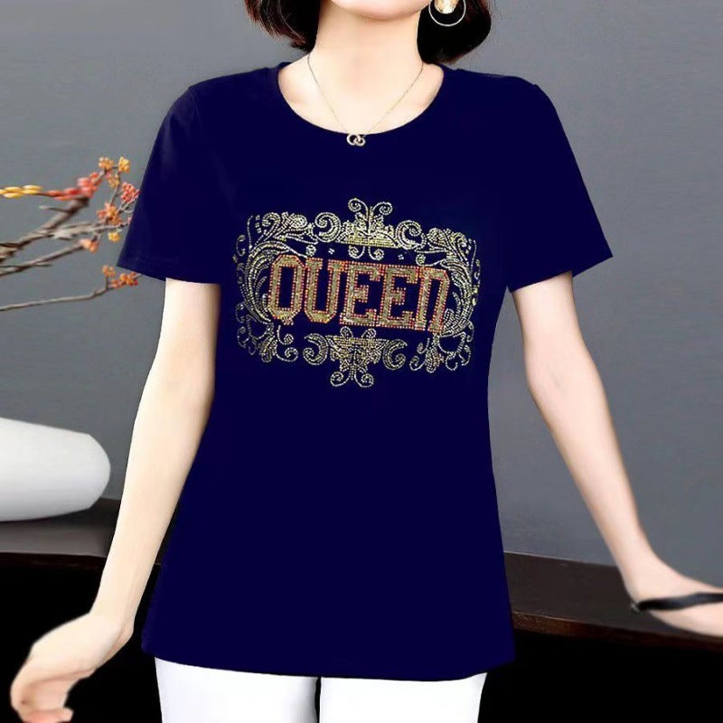 High-End Women'S Fashion Rhinestone Versatile Trendy Korean Style Slimming Elegant Comfortable Breathable Casual Loose Slimming T-Shirt - Image 3