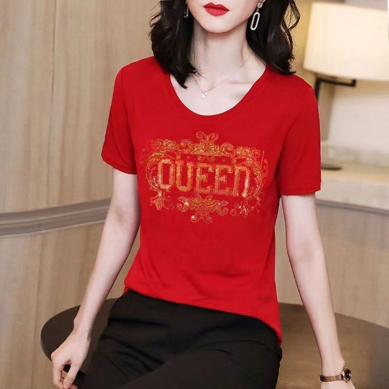 High-End Women'S Fashion Rhinestone Versatile Trendy Korean Style Slimming Elegant Comfortable Breathable Casual Loose Slimming T-Shirt - Image 4