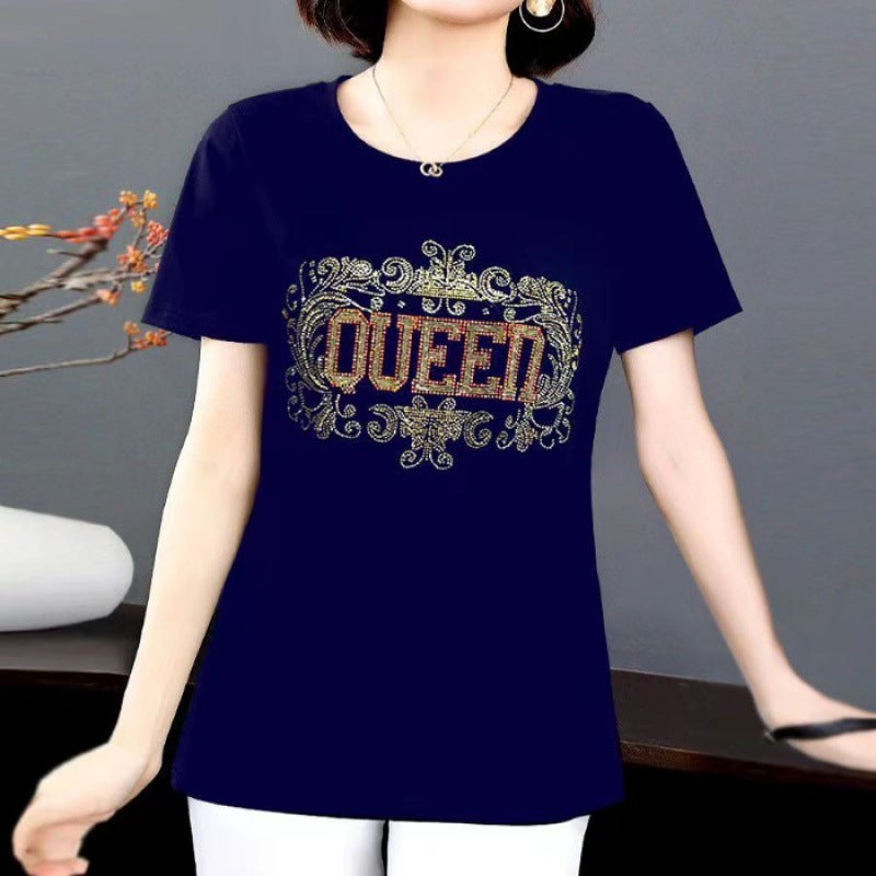 High-End Women'S Fashion Rhinestone Versatile Trendy Korean Style Slimming Elegant Comfortable Breathable Casual Loose Slimming T-Shirt - Image 1
