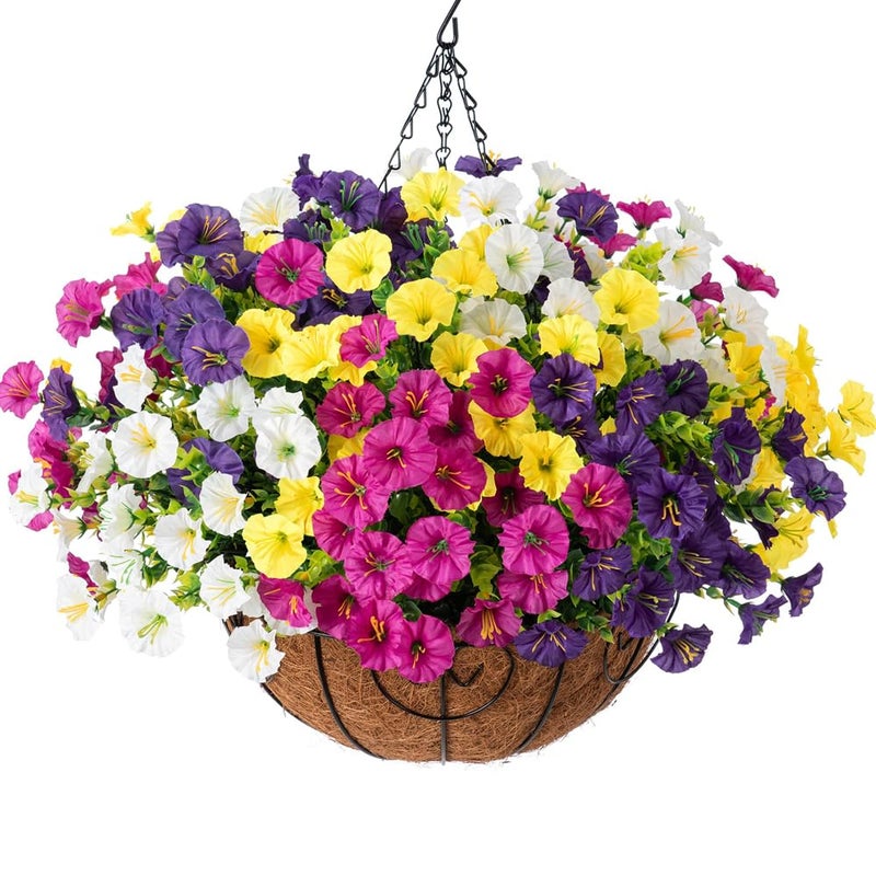 HyeFlora Artificial Hanging Flowers Faux Plants Basket for Outdoors Spring Decor, Fake Silk Morning Glory with Eucalyptus in Planter UV Resistant Outdoor Flowers for Outside Porch Patio Garden Home - Image 1