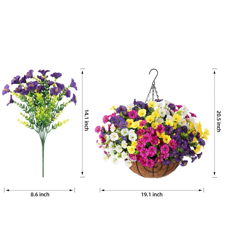 HyeFlora Artificial Hanging Flowers Faux Plants Basket for Outdoors Spring Decor, Fake Silk Morning Glory with Eucalyptus in Planter UV Resistant Outdoor Flowers for Outside Porch Patio Garden Home - Image 5