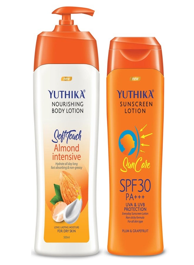 Yuthika Almond Body Lotion 500ml with Sunscreen Lotion 100ml, Sunscreen SPF 30 PA+++ with UVA & UVB Protection, Nourishing Body Lotion for Women & Men - Image 1