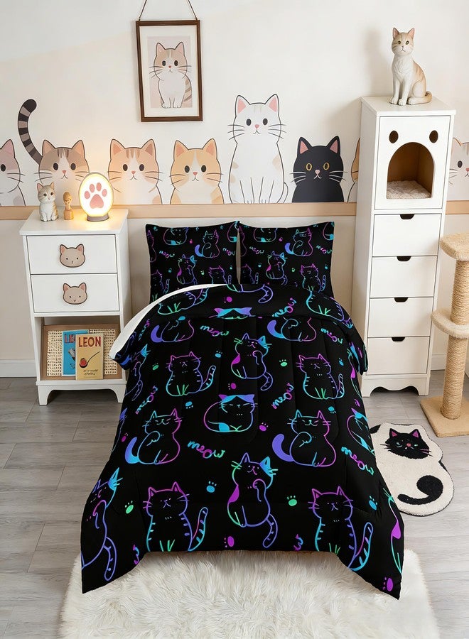 UEVBF 3D Neon Cat Kids Comforter Set,Gradient Line Cat Toddler Comforters Full Size for Teens Kids Boys Girls Room Decoration,Black Kawaii Bedding Sets with 2 Pillowcases. - Image 1