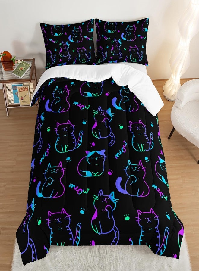 UEVBF 3D Neon Cat Kids Comforter Set,Gradient Line Cat Toddler Comforters Full Size for Teens Kids Boys Girls Room Decoration,Black Kawaii Bedding Sets with 2 Pillowcases. - Image 3