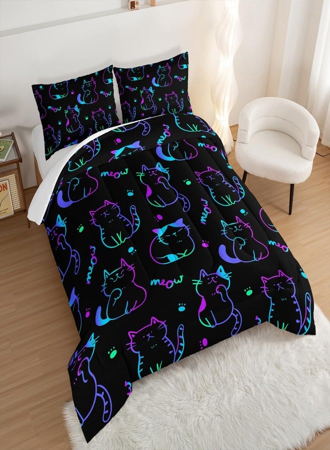 UEVBF 3D Neon Cat Kids Comforter Set,Gradient Line Cat Toddler Comforters Full Size for Teens Kids Boys Girls Room Decoration,Black Kawaii Bedding Sets with 2 Pillowcases. - Image 2