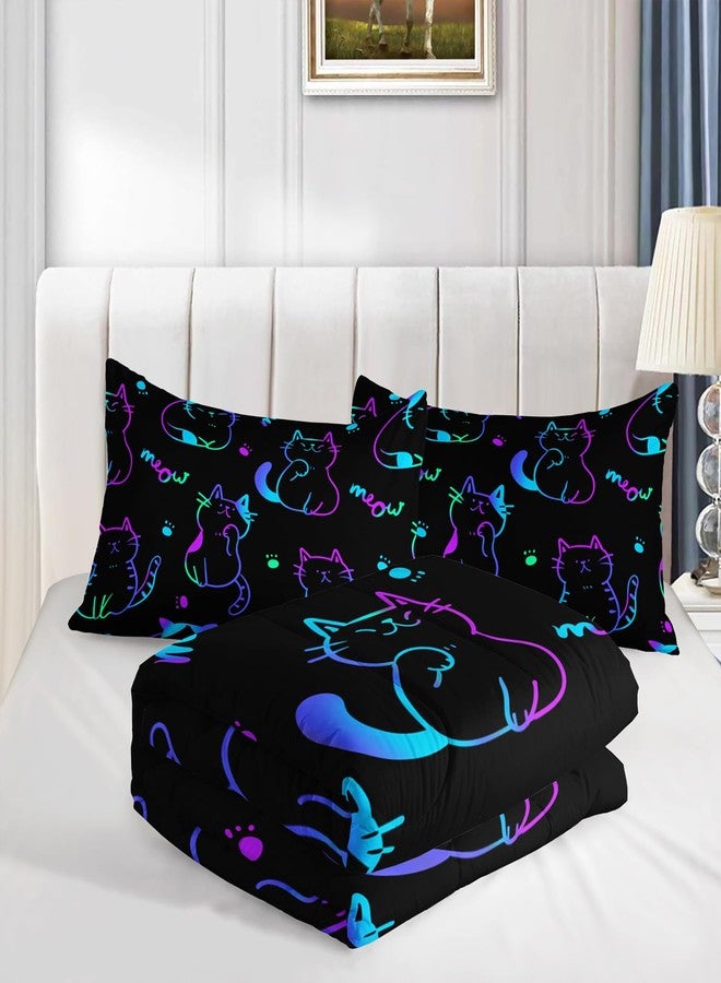 UEVBF 3D Neon Cat Kids Comforter Set,Gradient Line Cat Toddler Comforters Full Size for Teens Kids Boys Girls Room Decoration,Black Kawaii Bedding Sets with 2 Pillowcases. - Image 4