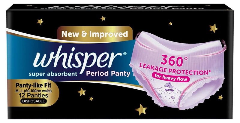 Whisper Super Absorbent Period Panty, 12 M-L Pants, 360 Degree Leakage Protection for Heavy Flow, Panty like Fit for Full back Coverage, Absorbs Heavy Gushes, Silky Soft, Comfortable Feel - Image 1