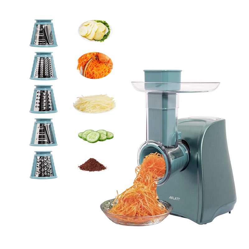 ASLATT OneTouch Control Cheese Grater Machine  Electric Shredder for Vegetables Fruits Potato  Salad Maker with 5 Free Attachments Green
