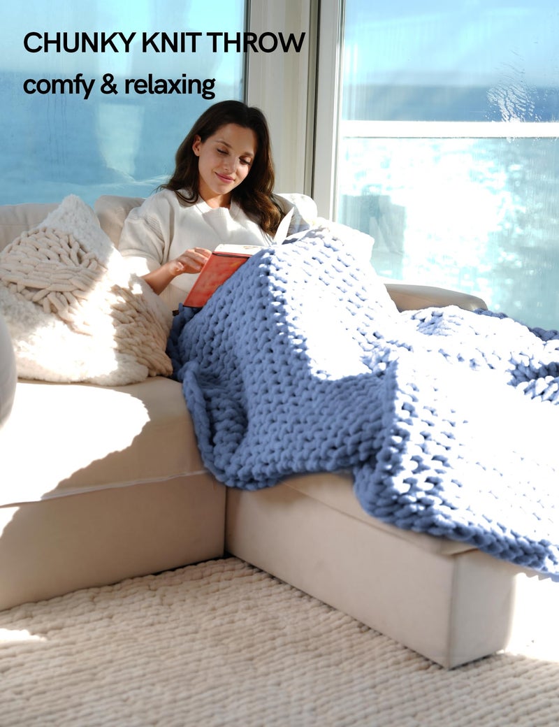 YnM Chunky Throw Blanket  Medium-Weight  Hand Knitted with Chenille Yarn  Skin Friendly  Ventilated and Breathable  Machine Washable  Home D?cor Piece for Couch Sofa and Bed (Chambray Blue 40x50 Inch) - Image 2