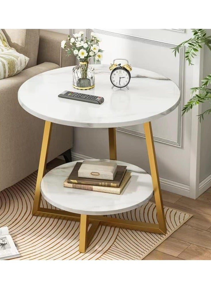 DubaiGallery Modern Marble Effect Side Table, Small Round Coffee Table, Metal Bedside Table, with 2 Levels of Storage Space, Suitable for Living Room, Bedroom, Balcony - Image 1