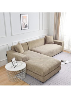 GoldenLike Stretch Sofa Cover, 3 Seater Couch Covers Wear Resistant L Shape Sofa Slipcover with Elastic Bottom Washable Furniture Protector Soft(77"-91") Jacquard Slipcover for Kids, Pets, 2 Pieces, Leaf Khaki  - Image 1