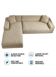 GoldenLike Stretch Sofa Cover, 3 Seater Couch Covers Wear Resistant L Shape Sofa Slipcover with Elastic Bottom Washable Furniture Protector Soft(77"-91") Jacquard Slipcover for Kids, Pets, 2 Pieces, Leaf Khaki  - Image 3