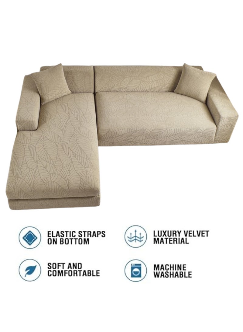 GoldenLike  غطاء أريكة مطاطي، أغطية أريكة ثلاثية المقاعد مقاومة للتآكل على شكل حرف L مع قاعدة مرنة وواقي أثاث قابل للغسل، غطاء ناعم من قماش الجاكار (77-91 بوصة) للأطفال والحيوانات الأليفة، قطعتان، لون كاكي - Image 3