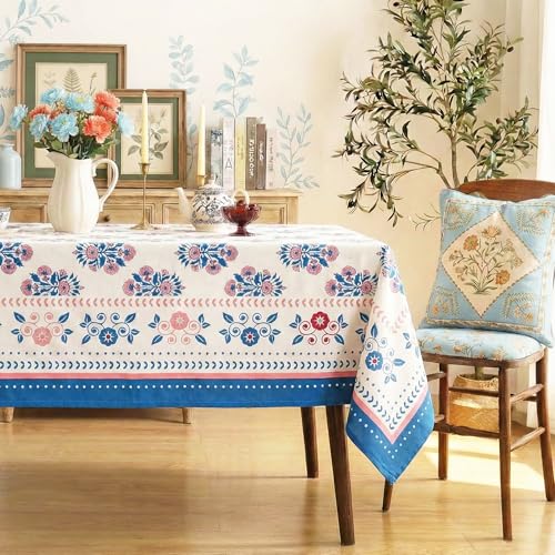 RUSTIQUE LINENS Block Print Design Cotton Table Cloth 6 Seater – Dining Table Cover Cloth, Washable Table Cloth for Dining Table – 150 x 234 CM (Fits 6–8 Seater) - Teal Bloom - Image 1