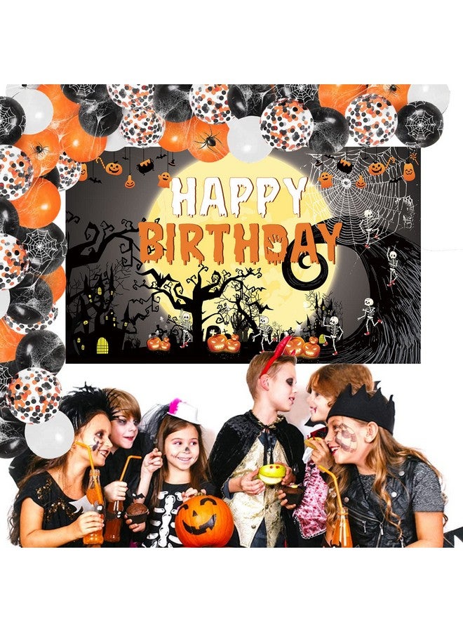 Famoby Happy Birthday Halloween Fabric Sign Poster Banner Backdrop Metallic Shiny Latex Balloons For Halloween Photo Booth Background Party Decorations Supplies - Image 3