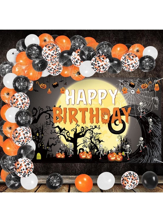 Famoby Happy Birthday Halloween Fabric Sign Poster Banner Backdrop Metallic Shiny Latex Balloons For Halloween Photo Booth Background Party Decorations Supplies - Image 1