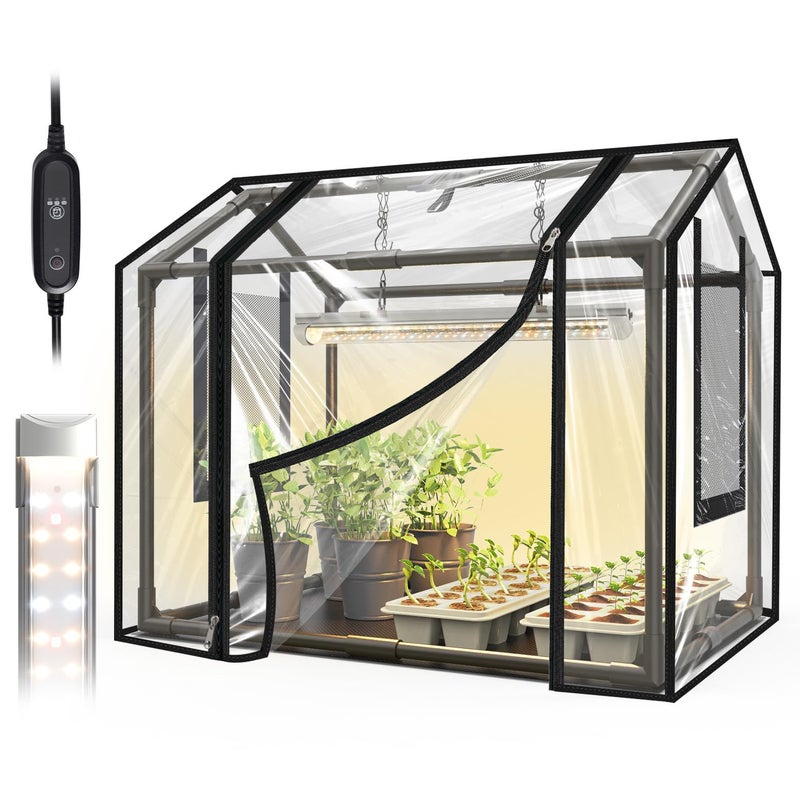 Bstrip Indoor Greenhouse with Grow Light, Mini EVA Tent with PE Base Mat, Ventilation Windows & Zippered Door, 18W Tabletop Greenhouse Light for Seed Starting with Timer, 23.8" x 15.7" x 20.5" - Image 1
