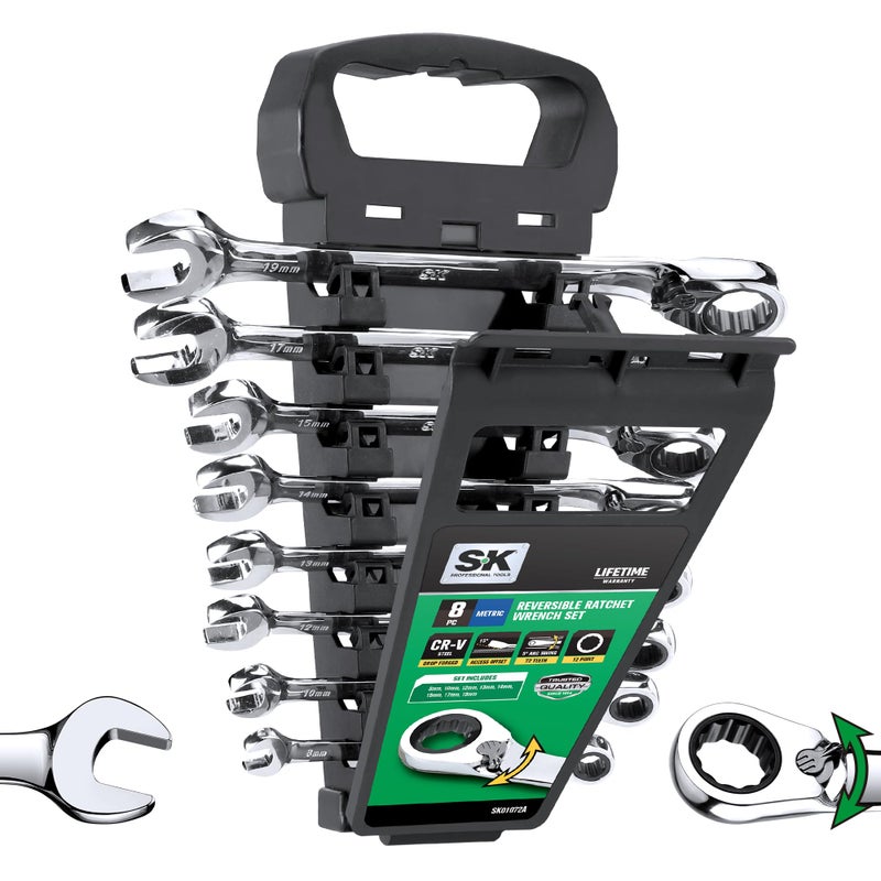 SK Reversible Ratcheting Wrench Set Combination Wrench Set 8Piece Metric 72Tooth Premium CRV Construction with Rack Organizer - Image 2