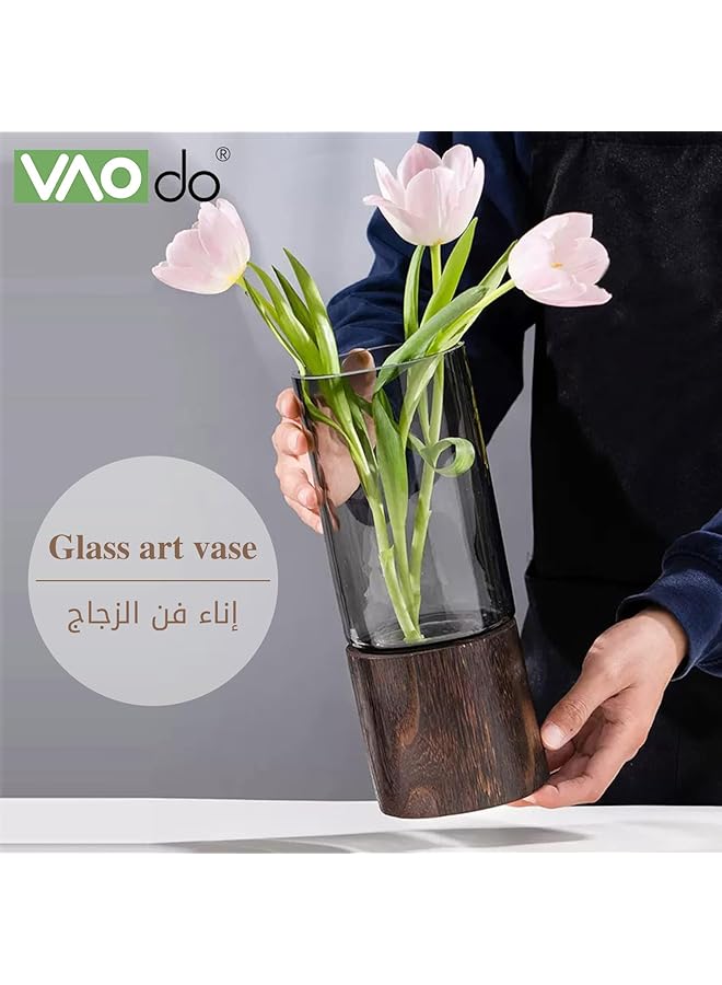 مزهرية برعم زهرة مع قاعدة خشبية مزهرية زجاجية شفافة مستديرة سميكة لغرفة المعيشة وطاولة الطعام وديكور المنزل وقطع مركزية أو هدية