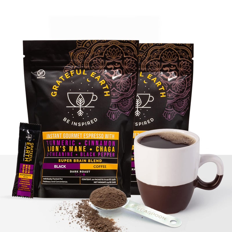 Grateful Earth Mushroom Coffee, Espresso Instant Coffee with Cinnamon, Turmeric, Lion’s Mane Mushrooms, L-Theanine, Chaga Super Brain Blend, Energy & Immune Support, Dairy & Gluten Free, 2 Bags, 40 Ct - Image 5