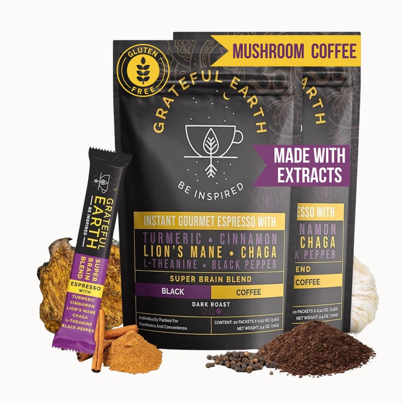 Grateful Earth Mushroom Coffee, Espresso Instant Coffee with Cinnamon, Turmeric, Lion’s Mane Mushrooms, L-Theanine, Chaga Super Brain Blend, Energy & Immune Support, Dairy & Gluten Free, 2 Bags, 40 Ct - Image 1