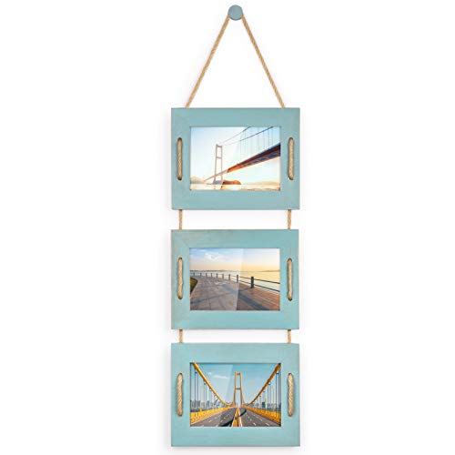 DLQuarts 5x7 Hanging Picture Frames Collage Wall Decor, 3-Opening Photo Frames 5x7 without Mat & 3.5x5 with Mat, Rustic Wood 3 Photo Frames, Ocean Blue - Image 1