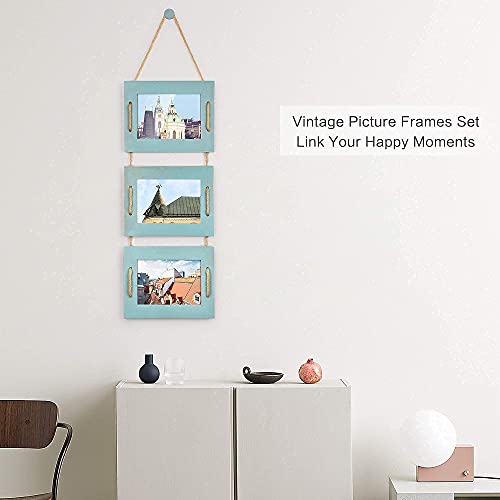 DLQuarts 5x7 Hanging Picture Frames Collage Wall Decor, 3-Opening Photo Frames 5x7 without Mat & 3.5x5 with Mat, Rustic Wood 3 Photo Frames, Ocean Blue - Image 2