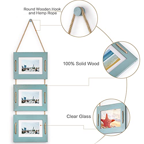 DLQuarts 5x7 Hanging Picture Frames Collage Wall Decor, 3-Opening Photo Frames 5x7 without Mat & 3.5x5 with Mat, Rustic Wood 3 Photo Frames, Ocean Blue - Image 4