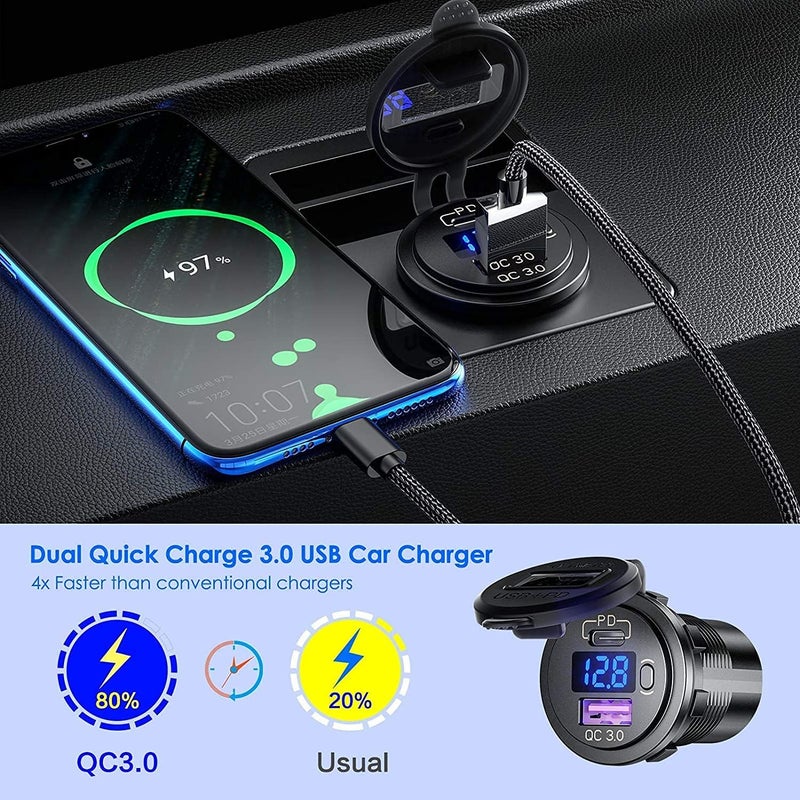 Thlevel USB C Car Charger Socket Dual Outlet PD Type C & QC 3.0 USB Fast Car Charger Socket Power Waterproof with LED Digital Voltmeter and Switch for 12V/24V Marine Boat Motorcycle Truck RV (2PCS) - Image 3