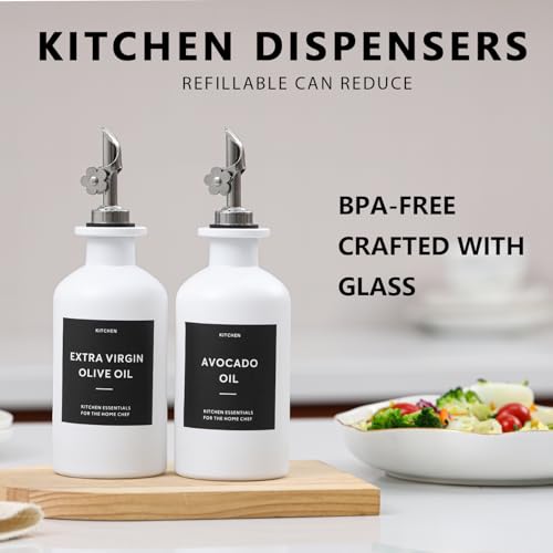 HOMCDALY Olive Oil Dispenser for Kitchen, 11.8oz Glass kitchen Dispenser Bottle, White Oil&Vinegar Cruet Set, Leakproof Oil Bottle for Cooking| Set of 2 (11.8oz – White) - Image 2