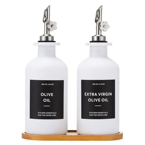 HOMCDALY Olive Oil Dispenser for Kitchen, 11.8oz Glass kitchen Dispenser Bottle, White Oil&Vinegar Cruet Set, Leakproof Oil Bottle for Cooking| Set of 2 (11.8oz – White) - Image 1
