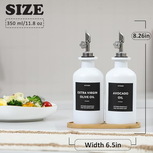 HOMCDALY Olive Oil Dispenser for Kitchen, 11.8oz Glass kitchen Dispenser Bottle, White Oil&Vinegar Cruet Set, Leakproof Oil Bottle for Cooking| Set of 2 (11.8oz – White) - Image 3