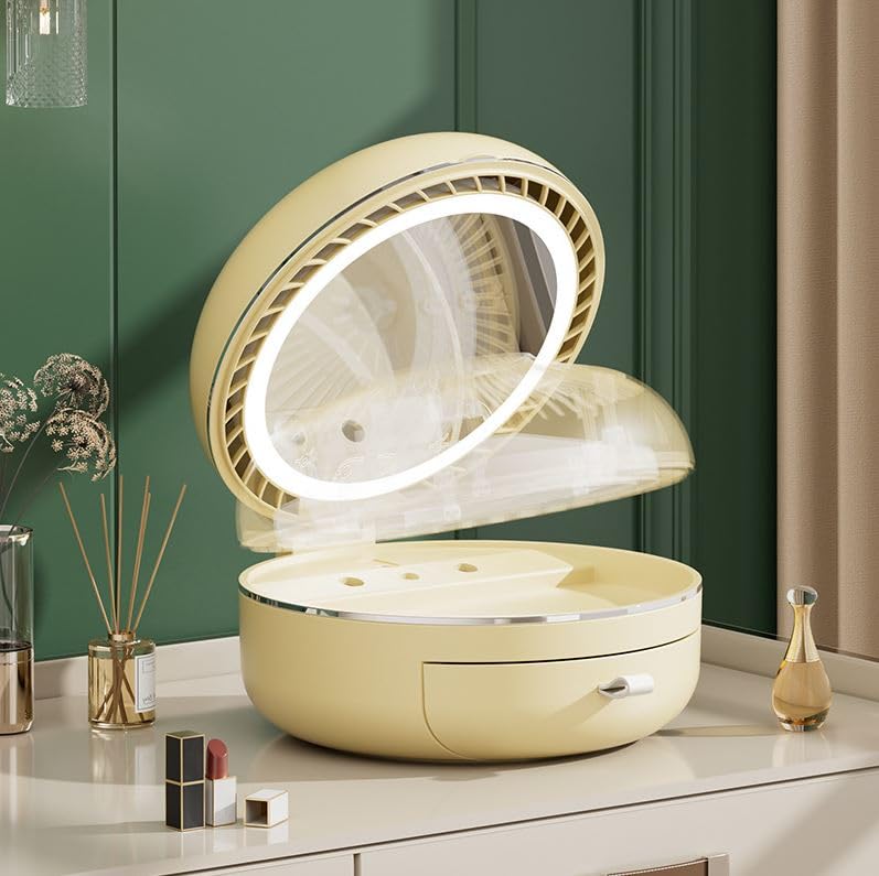 Crobat Light Luxury LED Dimmable DustProof Desktop Makeup Mirror Storage Box Spray Water Replenishment Folding Dressing Mirror with Fan - Image 2