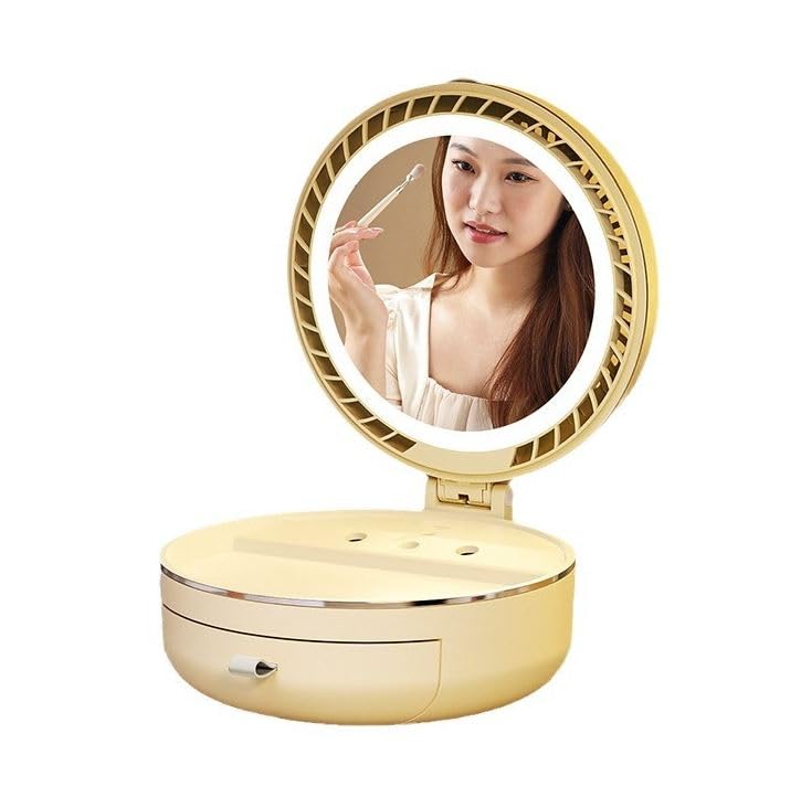 Crobat Light Luxury LED Dimmable DustProof Desktop Makeup Mirror Storage Box Spray Water Replenishment Folding Dressing Mirror with Fan - Image 5