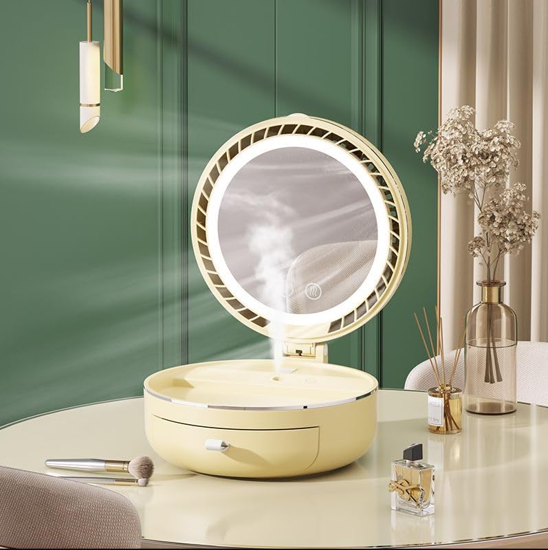 Crobat Light Luxury LED Dimmable DustProof Desktop Makeup Mirror Storage Box Spray Water Replenishment Folding Dressing Mirror with Fan - Image 1