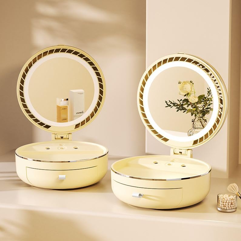 Crobat Light Luxury LED Dimmable DustProof Desktop Makeup Mirror Storage Box Spray Water Replenishment Folding Dressing Mirror with Fan - Image 4