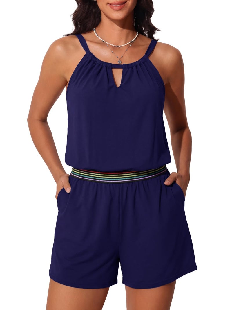 Summer Mae Swim Rompers for Women One Piece Swimsuit V-Wired Blouson Bathing Suit with Pockets High Neck Swimwear 2026 Navy Blue 14 - Image 1