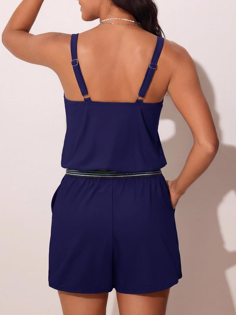 Summer Mae Swim Rompers for Women One Piece Swimsuit V-Wired Blouson Bathing Suit with Pockets High Neck Swimwear 2026 Navy Blue 14 - Image 2