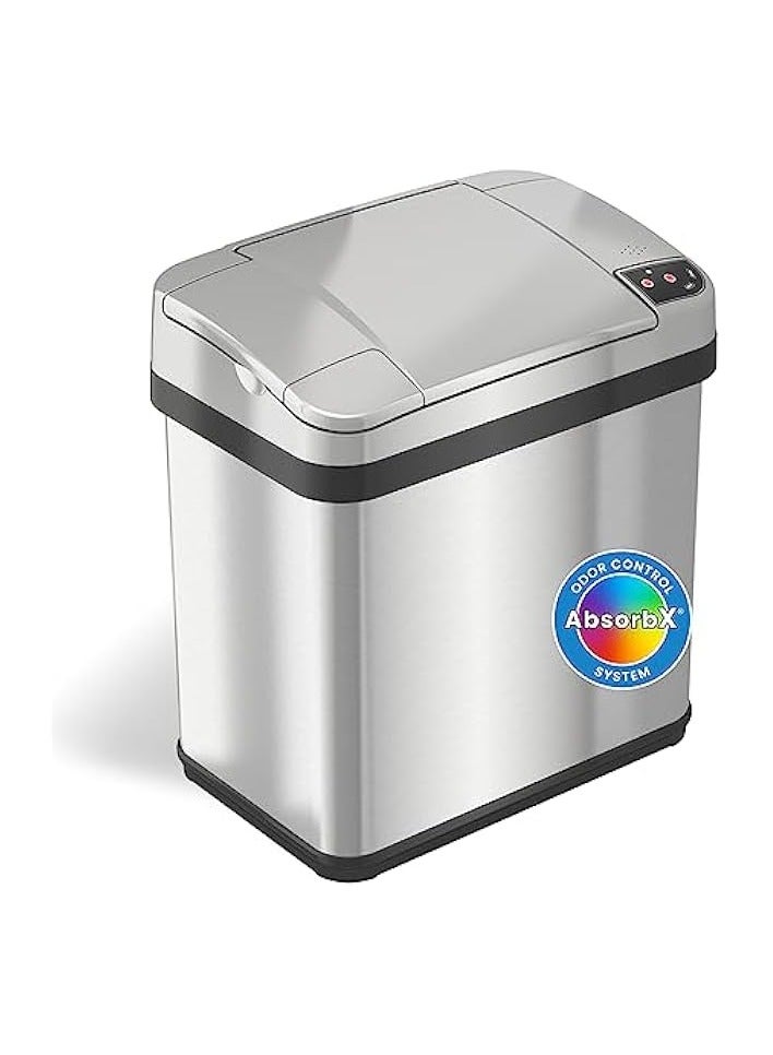 آي تاتش ليس سلة قمامة بمستشعر iTouchless سعة 2.5 جالون مع فلتر رائحة وعطر AbsortX، من الفولاذ المقاوم للصدأ، 02 جالون - Image 1
