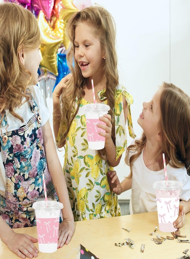 JarThenaAMCS جرثينا AMCS 100 قطعة أكواب بلاستيكية مع أغطية وقشات وردية بيضاء مزينة بعقدة أكواب بلاستيكية شفافة 12 أونصة أكواب قابلة للتخلص منها لحفلات عيد الميلاد وحفلات الزفاف والاحتفالات - Image 4