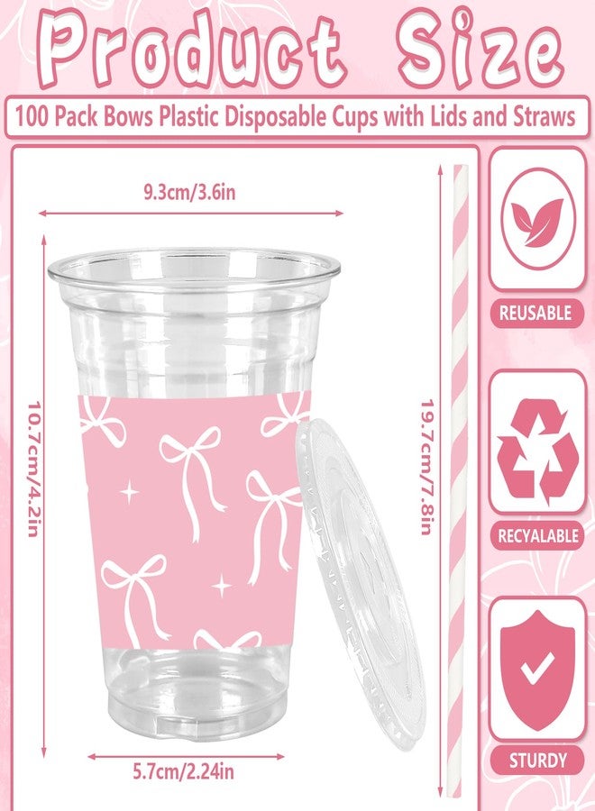 JarThenaAMCS جرثينا AMCS 100 قطعة أكواب بلاستيكية مع أغطية وقشات وردية بيضاء مزينة بعقدة أكواب بلاستيكية شفافة 12 أونصة أكواب قابلة للتخلص منها لحفلات عيد الميلاد وحفلات الزفاف والاحتفالات - Image 2
