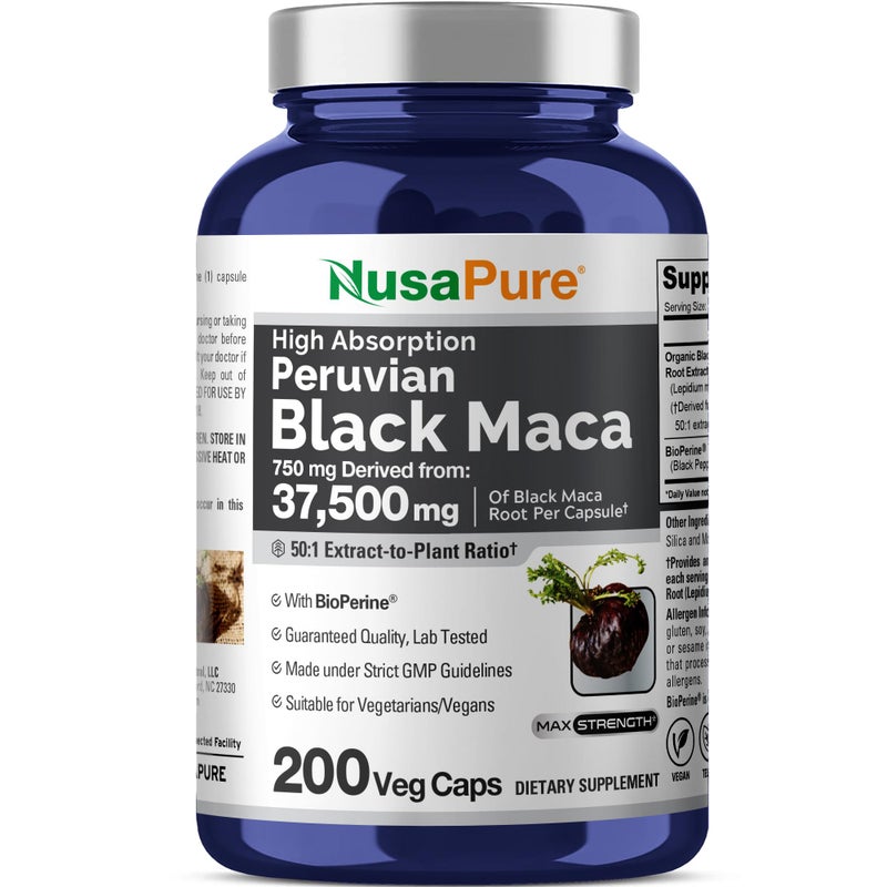 NusaPure Black Maca Root 501 Extract 750 mg Equivalent to 37500 mg 200 Veggie Per Caps Vegan NonGMO