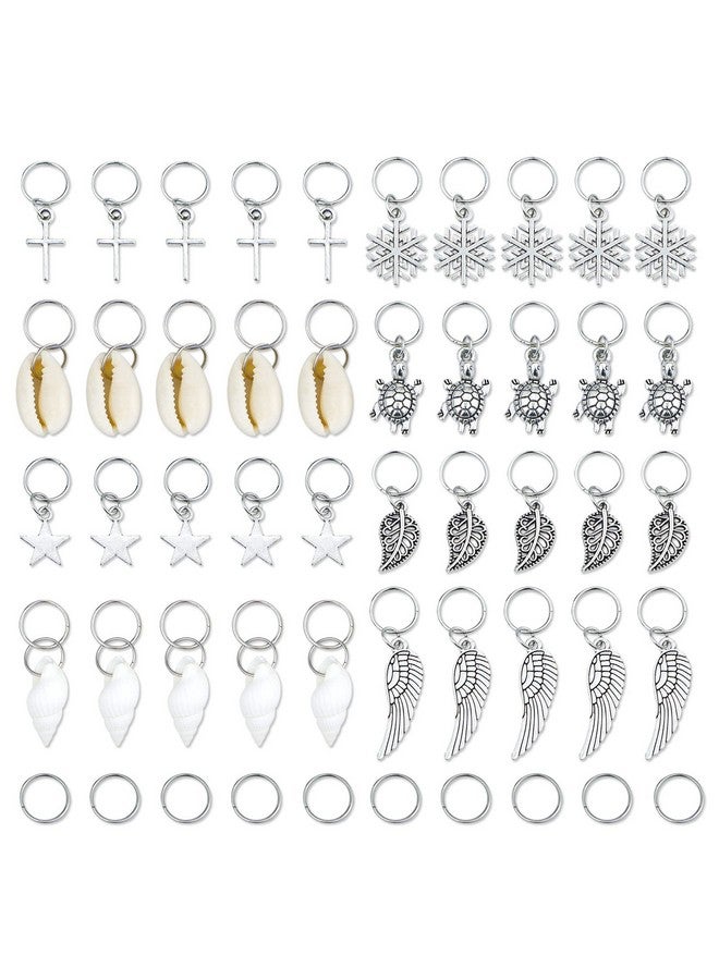 JIALEEY Hair Braid Rings 50Pcs Hair Loops Clips Silver Ring Shell Leaves Star Conch Snowflake Pendant Charms Set Hair Clip Headband Accessories - Image 1