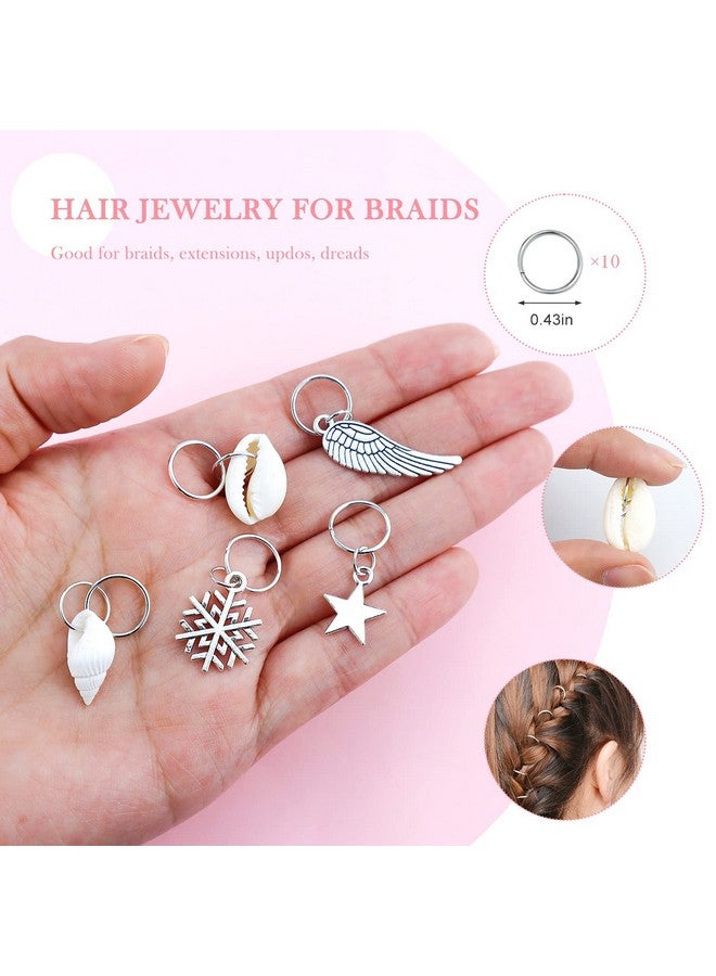 JIALEEY Hair Braid Rings 50Pcs Hair Loops Clips Silver Ring Shell Leaves Star Conch Snowflake Pendant Charms Set Hair Clip Headband Accessories - Image 4