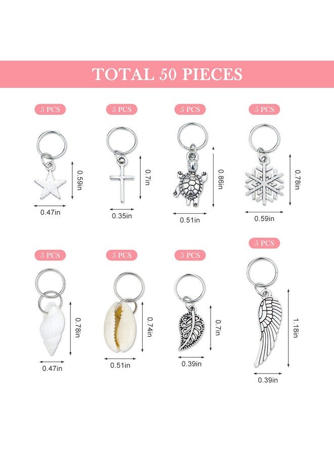 JIALEEY Hair Braid Rings 50Pcs Hair Loops Clips Silver Ring Shell Leaves Star Conch Snowflake Pendant Charms Set Hair Clip Headband Accessories - Image 3