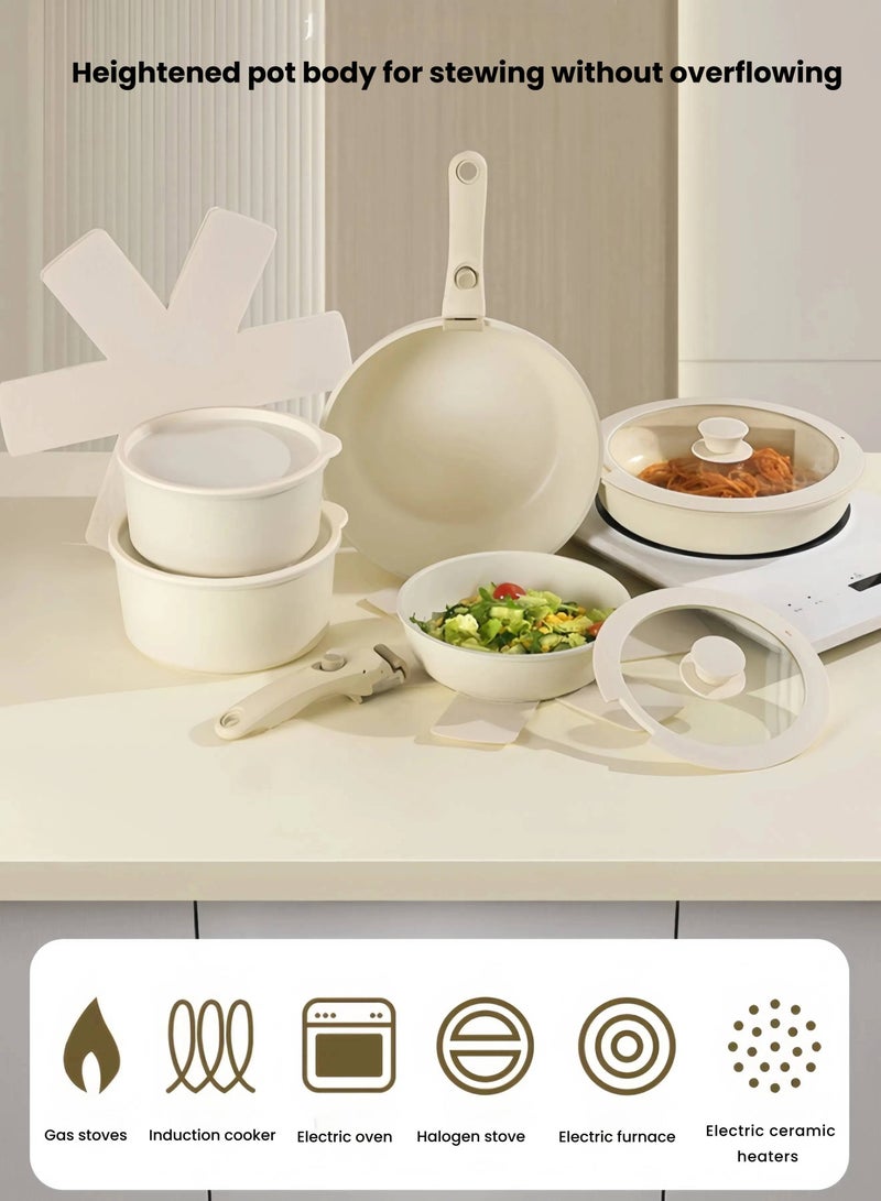 nihao طقم أواني طهي غير لاصقة من الحجر الجرانيت 15 قطعة، مستقر في الفريزر، مقلاة، أدوات مطبخ، مع أغطية من الفولاذ المقاوم للصدأ، غطاء وعاء الثلاجة، خالي من PFOA، خالي من الرصاص، خالي من الكادميوم - بيج - Image 2