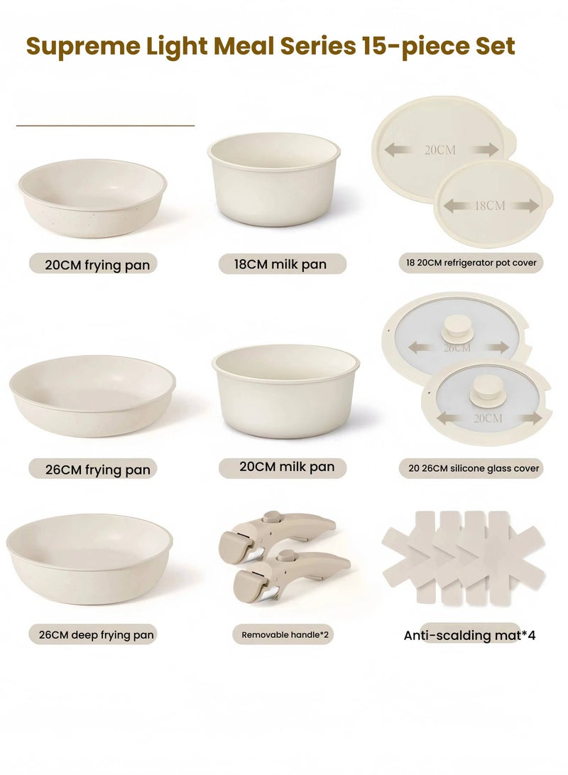 nihao طقم أواني طهي غير لاصقة من الحجر الجرانيت 15 قطعة، مستقر في الفريزر، مقلاة، أدوات مطبخ، مع أغطية من الفولاذ المقاوم للصدأ، غطاء وعاء الثلاجة، خالي من PFOA، خالي من الرصاص، خالي من الكادميوم - بيج - Image 3