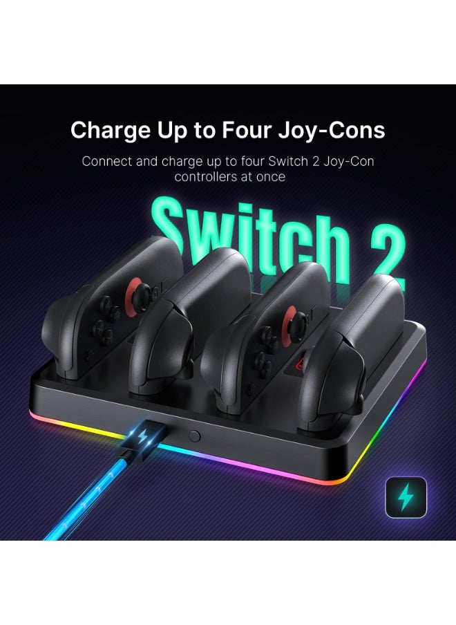 قاعدة شاحن وحدة التحكم لوحدة تحكم Nintendo Switch 2، محطة شحن للوحات التحكم مع أوضاع إضاءة RGB متعددة وتنبيهات صوتية ومؤشرات LED وحامل مدمج