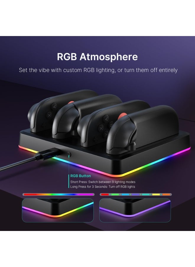 قاعدة شاحن وحدة التحكم لوحدة تحكم Nintendo Switch 2، محطة شحن للوحات التحكم مع أوضاع إضاءة RGB متعددة وتنبيهات صوتية ومؤشرات LED وحامل مدمج